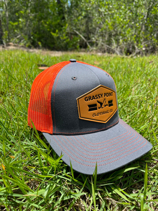 Charcoal/ Neon Orange Leather Patch Snap Back