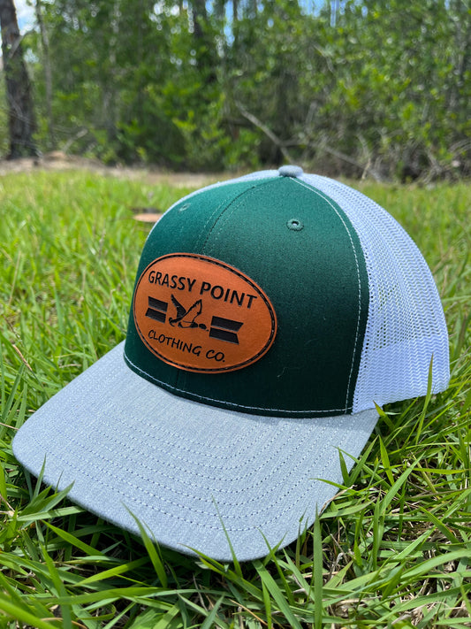 Dark Green/ White/ Heather Grey Leather Patch Snap Back